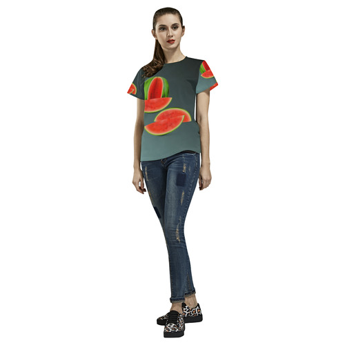 Watercolor Watermelon, red green and sweet All Over Print T-Shirt for Women (USA Size) (Model T40)