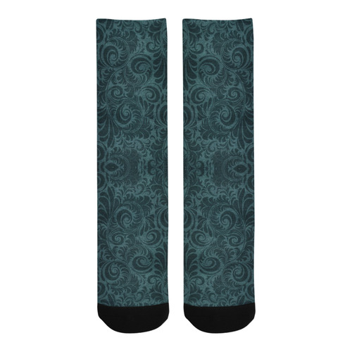 Denim with vintage floral pattern, dark green teal Trouser Socks