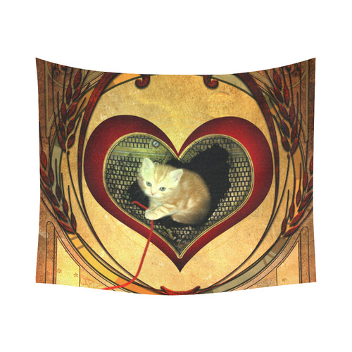 Cute kitten on a heart Cotton Linen Wall Tapestry 60"x 51"