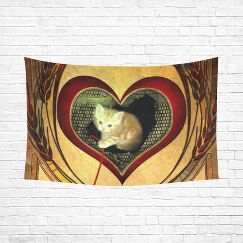 Cute kitten on a heart Cotton Linen Wall Tapestry 90"x 60"