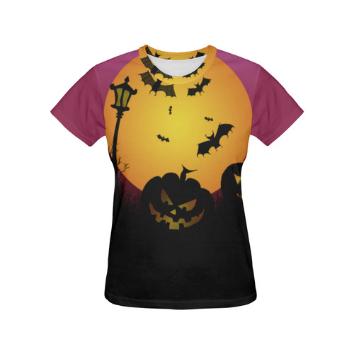 Spooky Halloween pumpkins and bats in pink All Over Print T-Shirt for Women (USA Size) (Model T40)