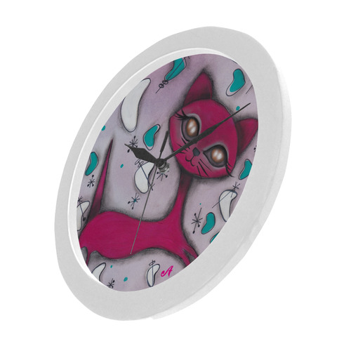 Pink Retro Cat Circular Plastic Wall clock