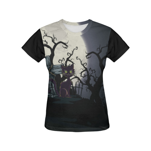 Vintage Halloween Cemetery Cat All Over Print T-Shirt for Women (USA Size) (Model T40)