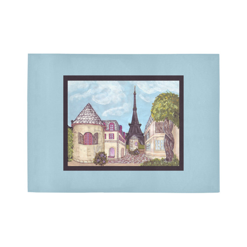 Paris Eiffel Tower inspired landscape painting light blue frame border rug Area Rug7'x5'