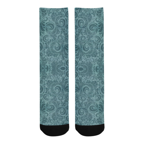 Denim with vintage floral pattern, turquoise teal Trouser Socks