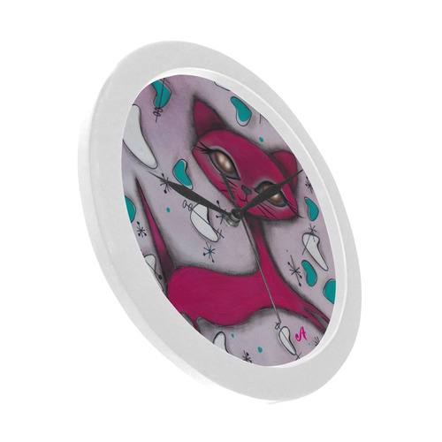 Pink Retro Cat Circular Plastic Wall clock