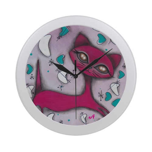 Pink Retro Cat Circular Plastic Wall clock