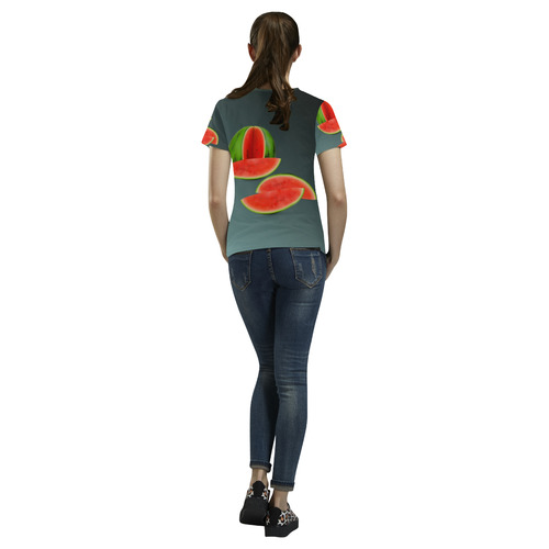 Watercolor Watermelon, red green and sweet All Over Print T-Shirt for Women (USA Size) (Model T40)