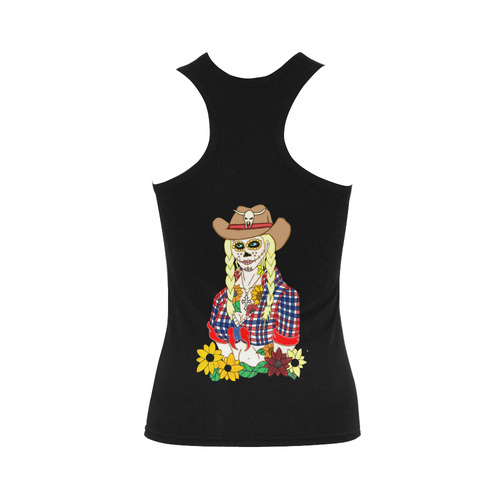 Cowgirl Sugar Skull Black Women's Shoulder-Free Tank Top (Model T35)