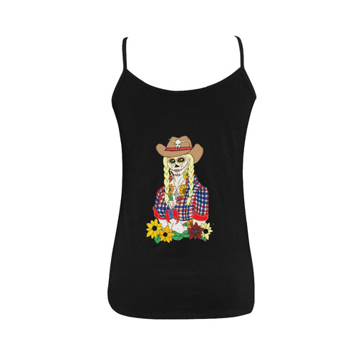 Cowgirl Sugar Skull Black Women's Spaghetti Top (USA Size) (Model T34)