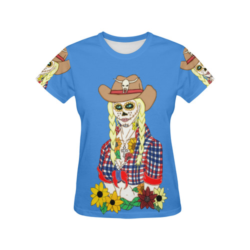 Cowgirl Sugar Skull Blue All Over Print T-Shirt for Women (USA Size) (Model T40)