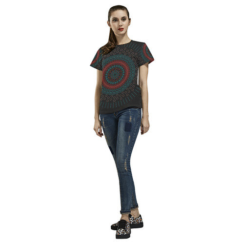 red with green mandala circular All Over Print T-Shirt for Women (USA Size) (Model T40)