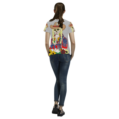 Cowgirl Sugar Skull Light Grey All Over Print T-Shirt for Women (USA Size) (Model T40)