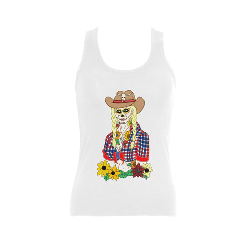 Cowgirl Sugar Skull White Women's Shoulder-Free Tank Top (Model T35)