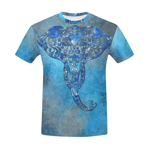 A blue watercolor elephant portrait in denim look All Over Print T-Shirt for Men (USA Size) (Model T40)