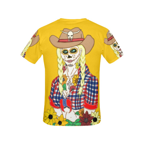 Cowgirl Sugar Skull Yellow All Over Print T-Shirt for Women (USA Size) (Model T40)