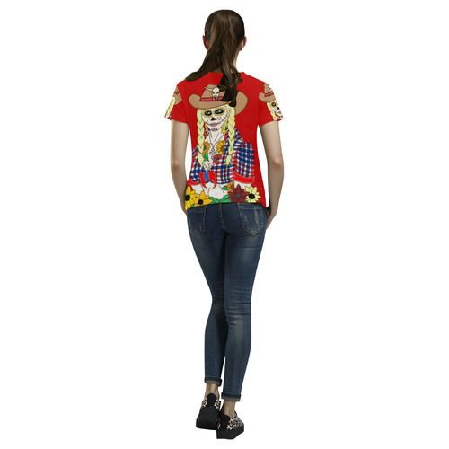 Cowgirl Sugar Skull Red All Over Print T-Shirt for Women (USA Size) (Model T40)