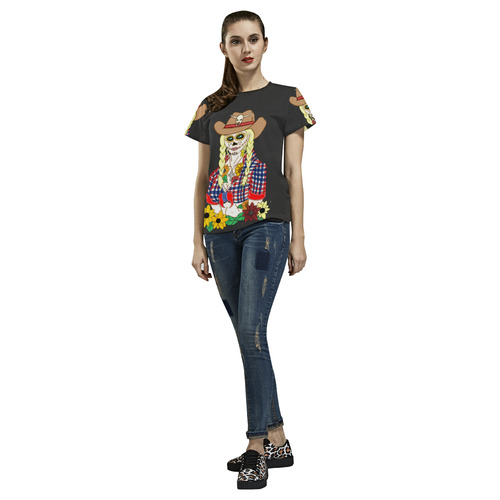 Cowgirl Sugar Skull Black All Over Print T-Shirt for Women (USA Size) (Model T40)