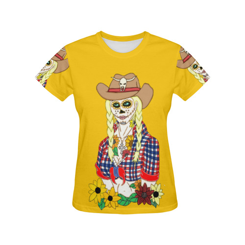 Cowgirl Sugar Skull Yellow All Over Print T-Shirt for Women (USA Size) (Model T40)