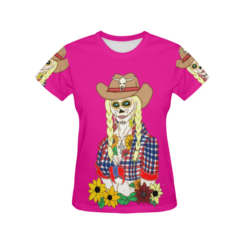 Cowgirl Sugar Skull Pink All Over Print T-Shirt for Women (USA Size) (Model T40)