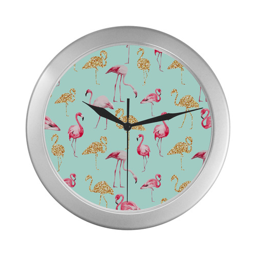 Flamingo (blue) Silver Color Wall Clock