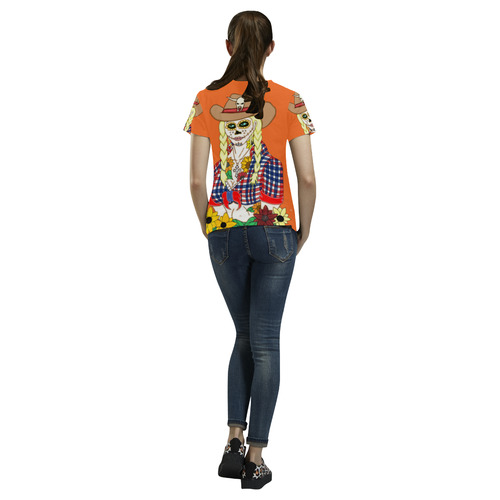Cowgirl Sugar Skull Orange All Over Print T-Shirt for Women (USA Size) (Model T40)
