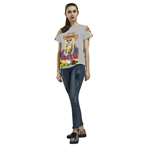 Cowgirl Sugar Skull Light Grey All Over Print T-Shirt for Women (USA Size) (Model T40)