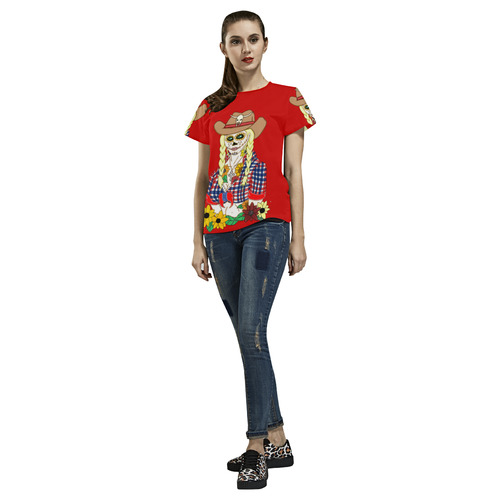 Cowgirl Sugar Skull Red All Over Print T-Shirt for Women (USA Size) (Model T40)