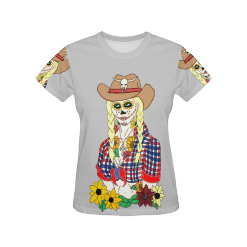 Cowgirl Sugar Skull Light Grey All Over Print T-Shirt for Women (USA Size) (Model T40)