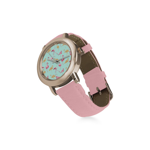 Flamingo (blue) Women's Rose Gold Leather Strap Watch(Model 201)