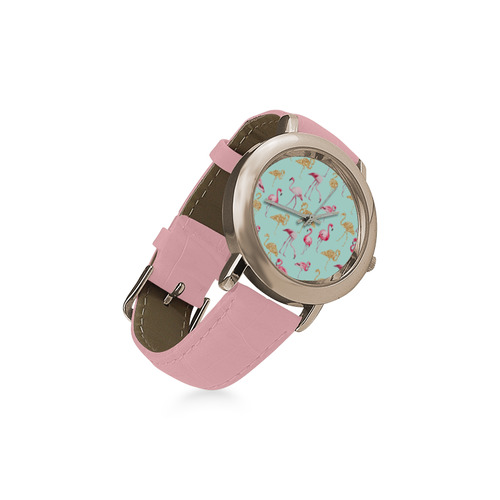 Flamingo (blue) Women's Rose Gold Leather Strap Watch(Model 201)