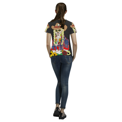 Cowgirl Sugar Skull Black All Over Print T-Shirt for Women (USA Size) (Model T40)