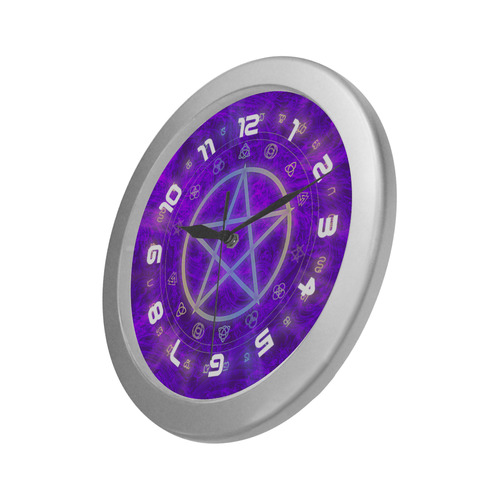 Purple Damask Rune Pentacle Clock Silver Color Wall Clock