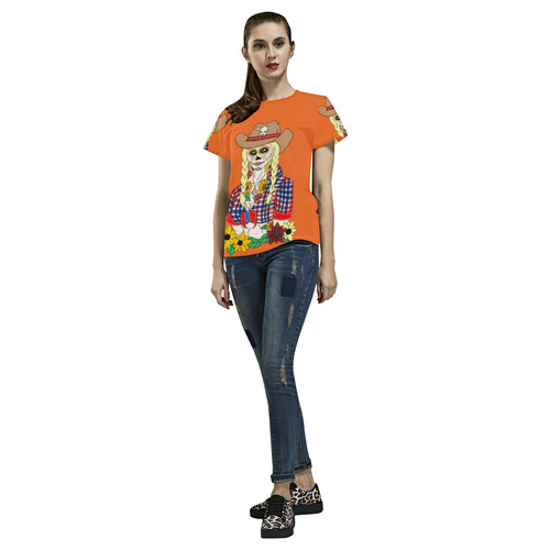 Cowgirl Sugar Skull Orange All Over Print T-Shirt for Women (USA Size) (Model T40)