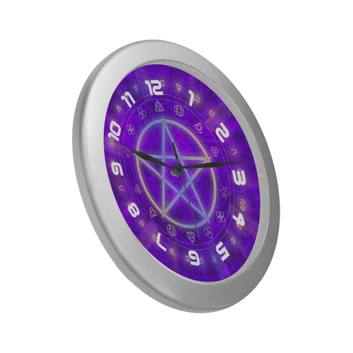 Purple Damask Rune Pentacle Clock Silver Color Wall Clock