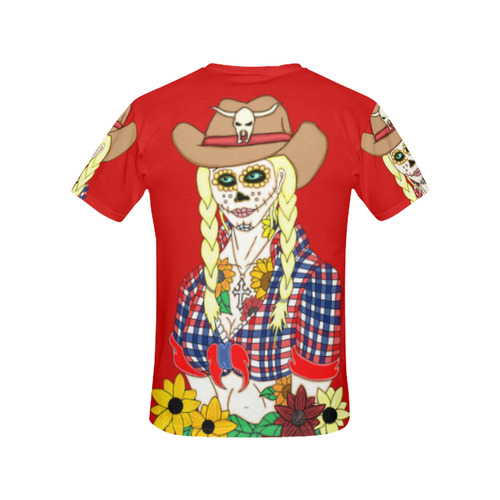 Cowgirl Sugar Skull Red All Over Print T-Shirt for Women (USA Size) (Model T40)