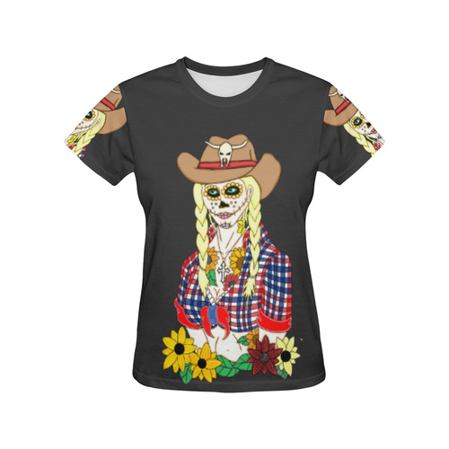 Cowgirl Sugar Skull Black All Over Print T-Shirt for Women (USA Size) (Model T40)