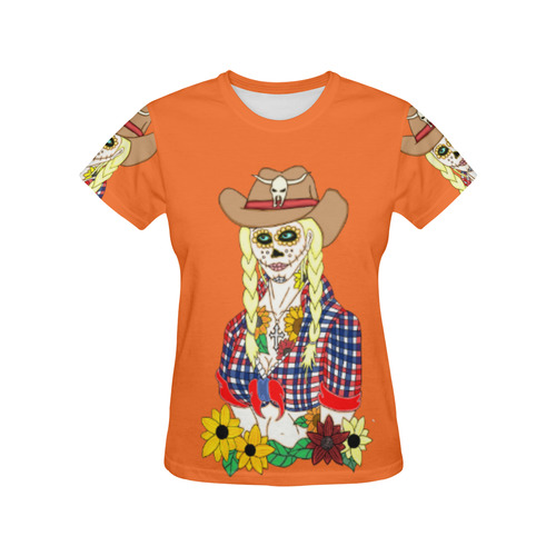 Cowgirl Sugar Skull Orange All Over Print T-Shirt for Women (USA Size) (Model T40)