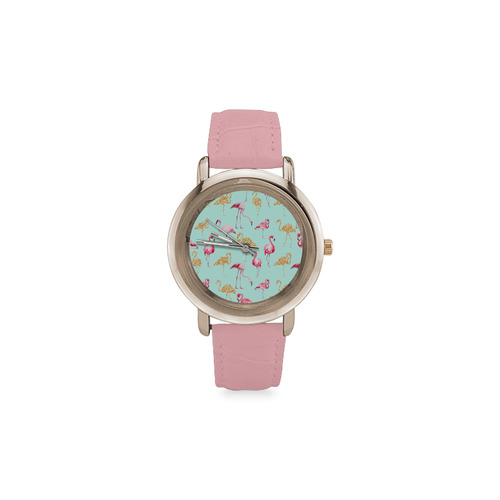 Flamingo (blue) Women's Rose Gold Leather Strap Watch(Model 201)