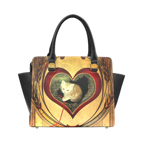 Cute kitten on a heart Rivet Shoulder Handbag (Model 1645)