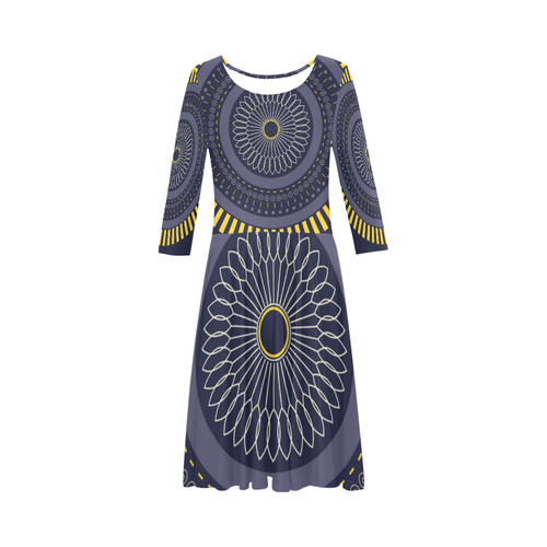 blue zen mandala circle Elbow Sleeve Ice Skater Dress (D20)