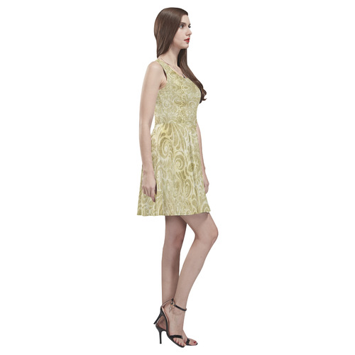 Denim, vintage floral pattern, beige gold yellow Thea Sleeveless Skater Dress(Model D19)