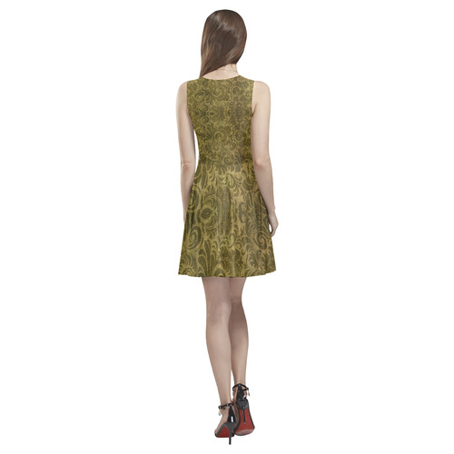 Denim, vintage floral pattern, gold brown yelllow Thea Sleeveless Skater Dress(Model D19)
