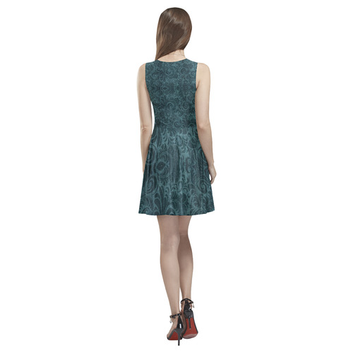 Denim with vintage floral pattern, dark green teal Thea Sleeveless Skater Dress(Model D19)