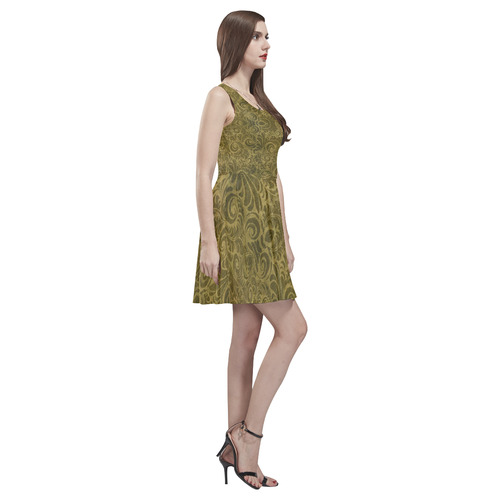 Denim, vintage floral pattern, gold brown yelllow Thea Sleeveless Skater Dress(Model D19)