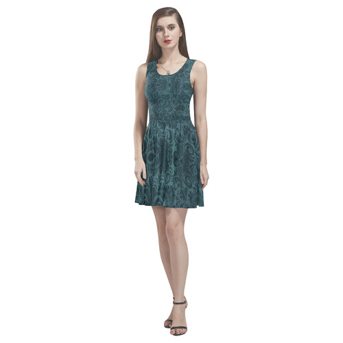 Denim with vintage floral pattern, dark green teal Thea Sleeveless Skater Dress(Model D19)