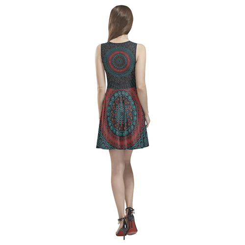 red with green mandala circular Thea Sleeveless Skater Dress(Model D19)