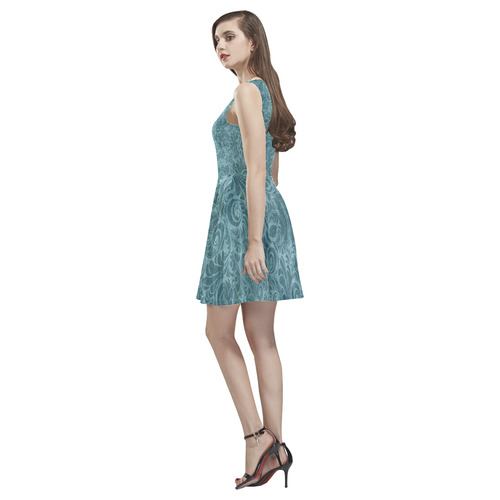 Denim with vintage floral pattern, turquoise teal Thea Sleeveless Skater Dress(Model D19)