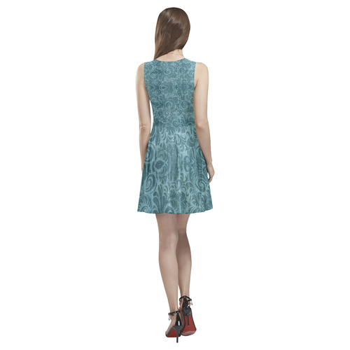 Denim with vintage floral pattern, turquoise teal Thea Sleeveless Skater Dress(Model D19)