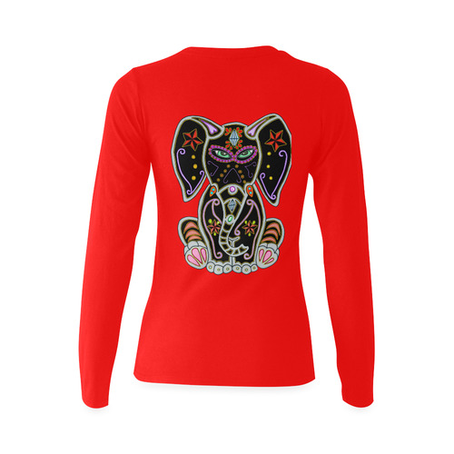 Mystical Sugar Skull Elephant Red Sunny Women's T-shirt (long-sleeve) (Model T07)
